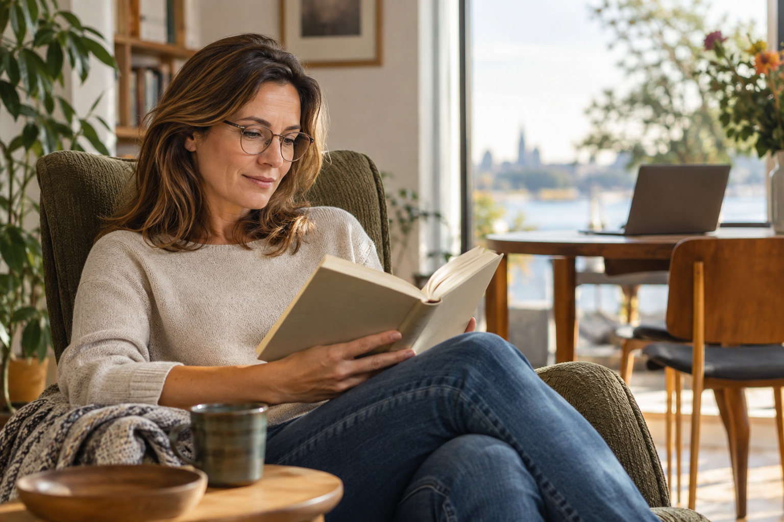 Vrouw met bril leest in een stoel
